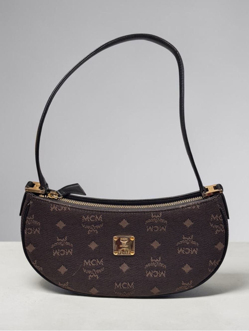 MCM Brown Monogram Crescent Shoulder Bag with Black Strap